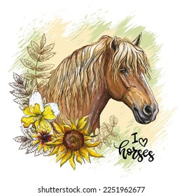 Head of horse, leaves and lettering I love horses. Hand drawn style. Vector illustration isolated on white background. For t-shirt composition, print, design, sticker, sublimation, and decor