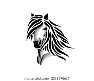 cabeça cavalo longo cabelo mane tatuagem estilo logotipo modelo ilustração inspiração