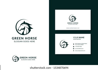 a head of horse on circle. negative space of leaf on neck horse use green color with logo design template. 