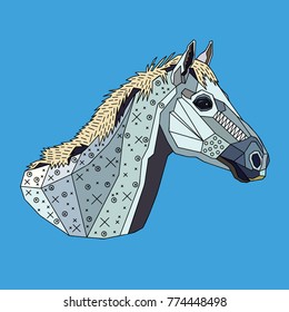 The head of a horse on a sky-blue background. Polygonal ornamental stylization. Vector illustration.