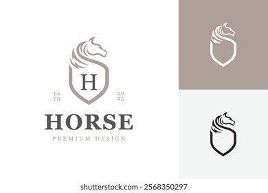 Head Horse with Shield Logo design can be used initial letter inside. vector graphic symbol for strong animal sport logo template