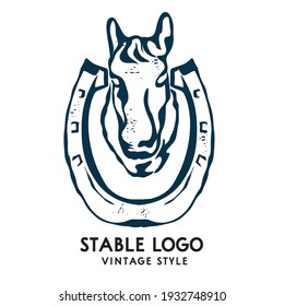 Head horse with shoe vector logo in vintage rustic style, perfect for stable, ranch and farming logo