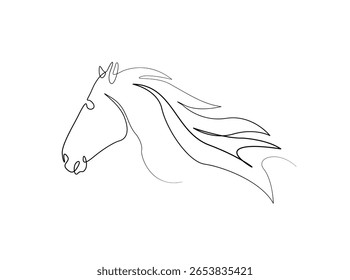 Head horse in single outline illustration. Continuous line art drawing of beautiful horse head.