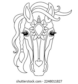 Head of horse tangle design. Hand drawn doodle vector illustration. Template with simple shapes to create a complex decorative coloring. Animal head front view for coloring page, tattoo, print, puzzle