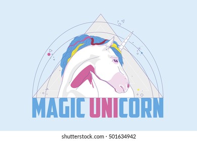 The head of a horse or in a triangle with the addition of all the fine lines and words magic unicorn. Vector illustration. Print design. Color background or wallpaper