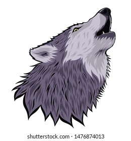 Head of a howling wolf on the moon isolated on a white background. Vector graphics.