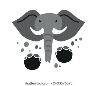 Head of a huge elephant. Vector cartoon illustration. Elephant footprint. Silhouette of wild animal tracks. Exotic animal safari.