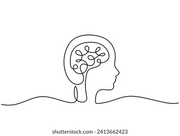 Head with human brain. Continuous one line art drawing. Vector illustration minimalist.