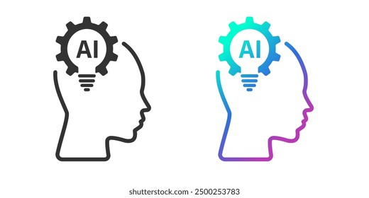 Head human with a light bulb AI icon. line icon. Artificial intelligence technology concept design. Technological brain. Flat design symbols Isolated on white background. Vector illustration.