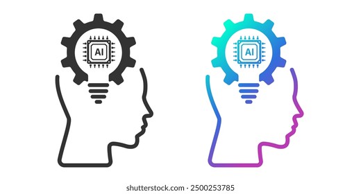 Kopf Mensch mit einer Glühbirne AI Ikone. Liniensymbol. Konzeption der Technologie für künstliche Intelligenz. Technologisches Gehirn. Flache Designsymbole einzeln auf weißem Hintergrund. Vektorgrafik.
