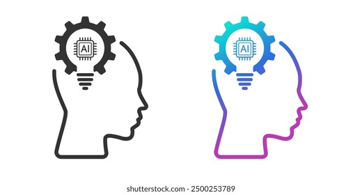 Head human with a light bulb AI icon. line icon. Artificial intelligence technology concept design. Technological brain. Flat design symbols Isolated on white background. Vector illustration.