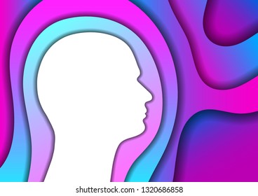 Head human silhouette white abstract schematic from gradient color of blue and pink layers paper cut 3D shadows one over the other. Layout for banner, poster, greeting card. Vector illustration.