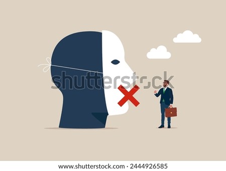 Head human with sticking plaster his mouth. Lies, fraud or fake, business cheating or suspicion false. Modern vector illustration in flat style.