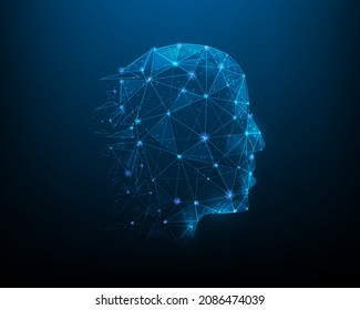 head human technology low poly. Biometric identification. consisting of points, lines, and triangle. vector illustration futuristic style. isolated on blue dark background. facial recognition system.
