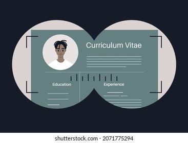 Head hunter concept, a binocular view of a CV, a young male African applicant looking for a job