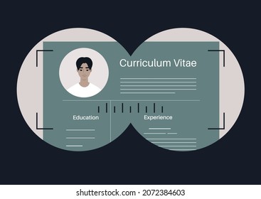 Head hunter concept, a binocular view of a CV, a young male Asian applicant looking for a job