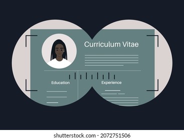 Konzept des Headhunter, eine binokulare Sicht auf einen Lebenslauf, eine junge afrikanische Bewerberin auf der Suche nach einem Job