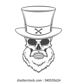 Head hunter skull with beard, hat vector. Rover logo template. Bearded old man t-shirt design.