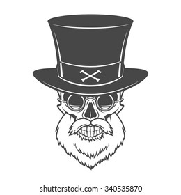 Head hunter skull with beard, hat and glasses vector. Rover logo template. Bearded old man t-shirt design