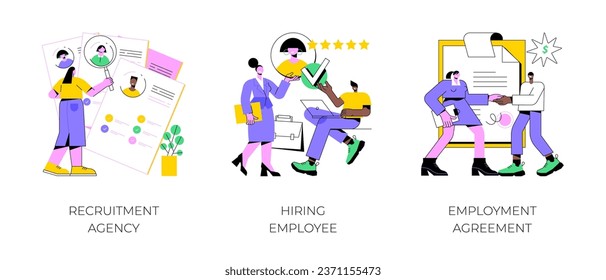 Head hunting abstract concept vector illustration set. Recruitment agency, hiring employee, employment agreement, job listing, resume, vacant job position, contract form, interview abstract metaphor.