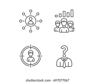 Head hunting, Business Networking and Teamwork line icons. Get a Job, Communication and Team work results signs. Quality design elements. Editable stroke. Vector