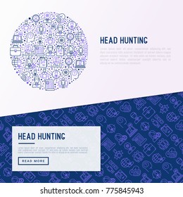 Head hunting concept in circle with thin line icons: employee, hr manager, focus, resume; briefcase; achievements; career growth, interview. Vector illustration for banner, web page, print media.