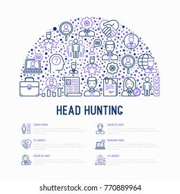 Head hunting concept in half circle with thin line icons: employee, hr manager, focus, resume; briefcase; achievements; career growth, interview. Vector illustration for banner, web page, print media.