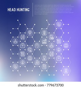 Head hunting concept in honeycombs with thin line icons: employee, hr manager, focus, resume; briefcase; achievements; career growth, interview. Vector illustration for banner, web page, print media.