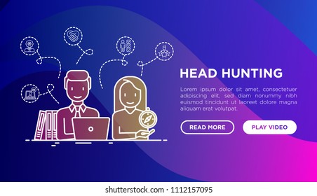 Head hunting concept: hr manager and candidate at interview with thin line icons around. Vector illustration, web page template on gradient background.