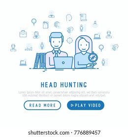 Head hunting concept: hr manager and candidate at interview with thin line icons around. Vector illustration, web page template.