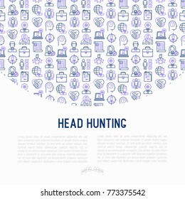 Head hunting concept with thin line icons: employee, hr manager, focus, resume; briefcase; achievements; career growth, interview. Vector illustration for banner, web page, print media.