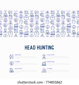 Head hunting concept with thin line icons: employee, hr manager, focus, resume; briefcase; achievements; career growth, interview. Vector illustration for banner, web page, print media.