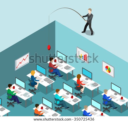 Head hunting flat 3d isometric business HR lifestyle concept web vector illustration. Businessman fishing throwing bait in office interior. Creative people collection.