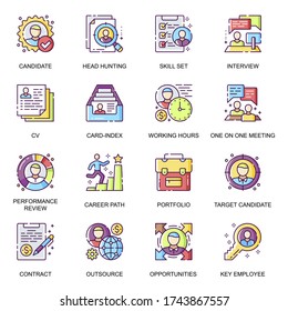 Juego de iconos planos de caza de cabezales. Entrevista de candidatos, trayectoria profesional, revisión de rendimiento, portafolio y habilidades, pictogramas de línea de candidatos para aplicaciones móviles. Paquete de iconos vectoriales de administración de recursos humanos.