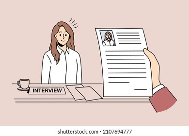 Head hunting and Human resources concept. Young woman job seeker applicant candidate sitting and going through interview with hand of manager with her resume vector illustration 