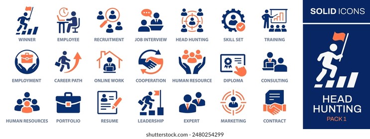 Head Hunting icon set. Collection of career path, recruitment, leadership, human resources and more. Vector illustration. Easily changes to any color.