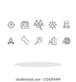 Juego de iconos de caza de cabezales en estilo plano. Símbolos relacionados con la caza de cabezas para el diseño de su sitio web, logotipo, aplicación, interfaz de usuario Vector EPS 10.	