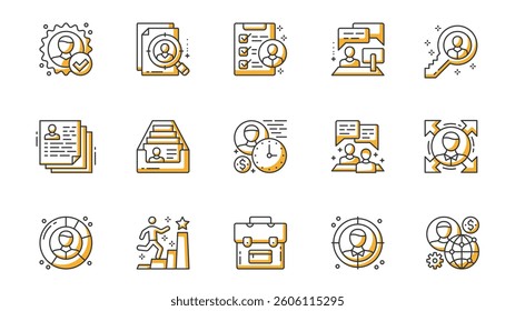 Head hunting icons set in outline stroke design for web. Pack line pictograms with hiring, search, recruitment, employee, job interview, key, resume, briefcase, teamwork, other. Vector illustration.