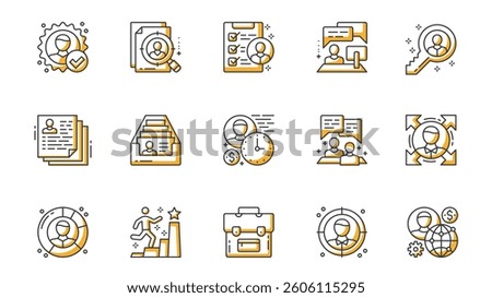 Head hunting icons set in outline stroke design for web. Pack line pictograms with hiring, search, recruitment, employee, job interview, key, resume, briefcase, teamwork, other. Vector illustration.