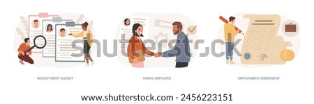 Head hunting isolated concept vector illustration set. Recruitment agency, hiring employee, employment agreement, job listing, resume, vacant job position, contract form, interview vector concept.