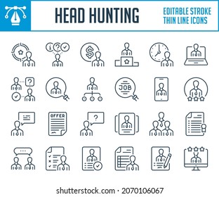 Head Hunting And Job Offer Thin Line Icons. Recruitment And Career Outline Icon Set. Editable Stroke Icons.