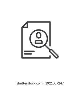 Head hunting line icon. linear style sign for mobile concept and web design. Magnifying glass and resume outline vector icon. Symbol, logo illustration. Vector graphics