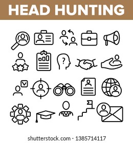 Head Hunting Service Linear Vector Icons Set. Head Hunting, Recruitment, Employment . Building Successful Career Symbols Pack. Hiring Process Pictograms Collection. HR Management Outline Illustrations