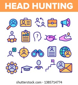 Head Hunting Service Linear Vector Icons Set. Head Hunting, Recruitment, Employment . Building Successful Career Symbols Pack. Hiring Process Pictograms Collection. HR Management Outline Illustrations