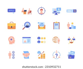 Head Hunting set. Color icons with elements of documents, hiring employees and career path. Simple stickers with resumes of job candidates. Cartoon flat vector collection isolated on white background