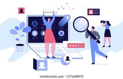 Head hunting in social network concept. Man with magnifying glass, woman looking in binoculars for new employees, viewing personal profiles, professional rating, vacancy. Vector character illustration