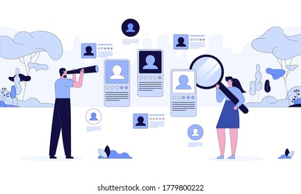 Head hunting in social network concept. Man and woman office workers with magnifier looking for employees. Vector character illustration of personal profiles of applicants vacancy, online recruiting