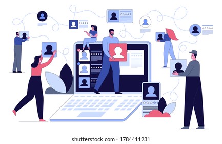 Caza de cabezas en el concepto de redes sociales. Hombre y mujer eligen nuevos empleados en grandes laptops. Ilustración de carácter vectorial de los perfiles personales de los solicitantes de vacantes, crecimiento de la carrera, contratación