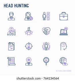 Head hunting thin line icons set: employee, hr manager, focus, resume; briefcase; achievements; career growth, interview. Vector illustration for banner, web page, print media.