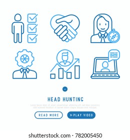 Head hunting thin line icons set: employee, hr manager, focus, resume; briefcase; achievements; career growth, interview. Vector illustration.